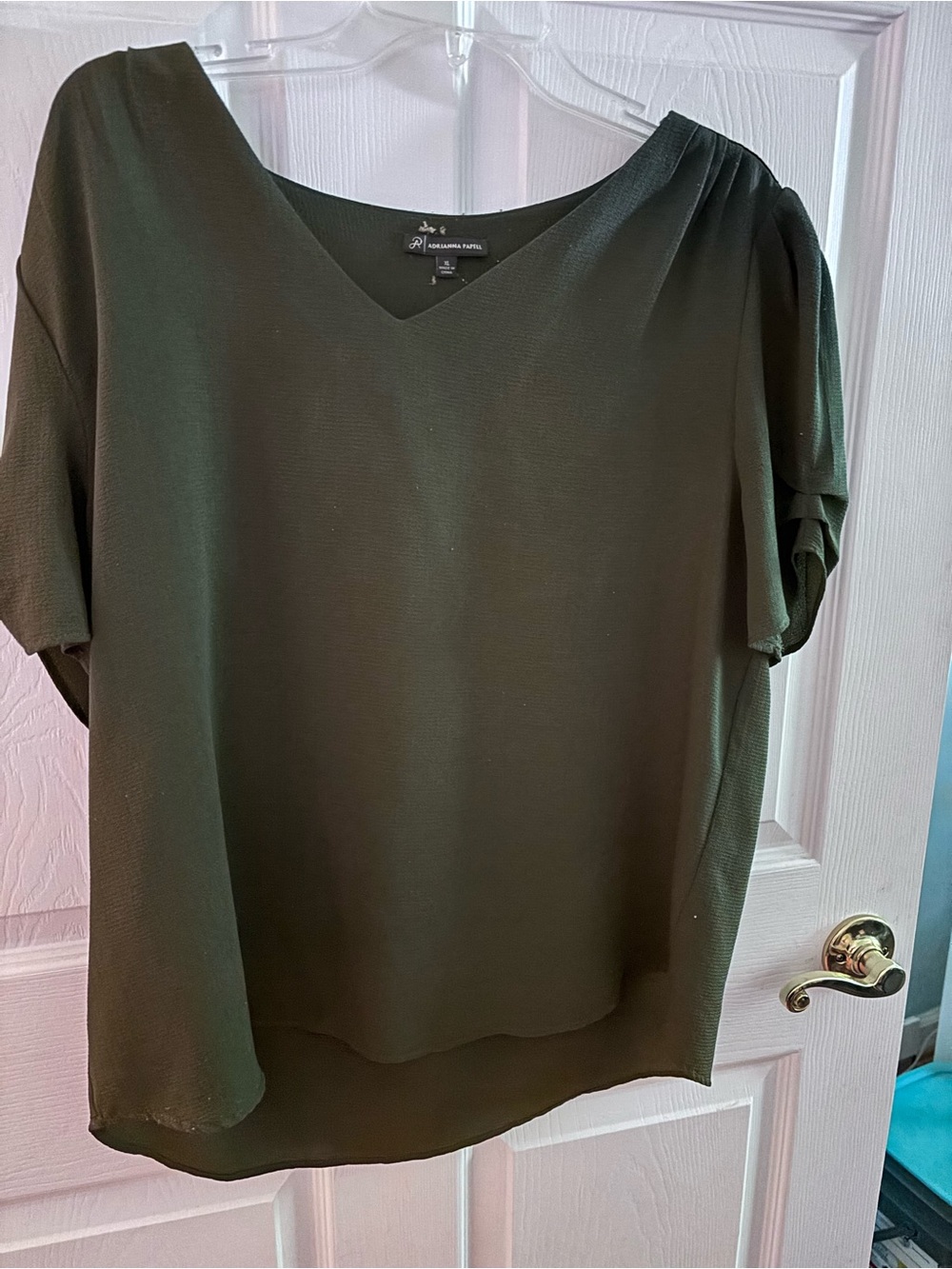 Adrianna Papell Dark Olive V-Neck Short Sleeve Blouse